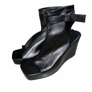 Chic Black Leather Wedge Sandals